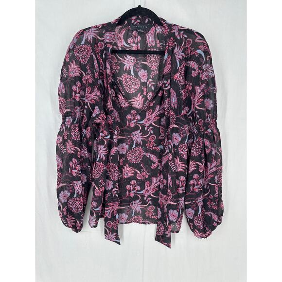 Sanctuary Top Womens Small Black Pink Floral Sheer Boho Bohemian Neck Tie - Picture 6 of 10